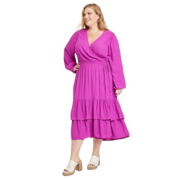 KNOX Rose Raspberry Verbena Long Sleeve Wrap Dress 3X True Wrap Midi Length - Picture 2 of 13